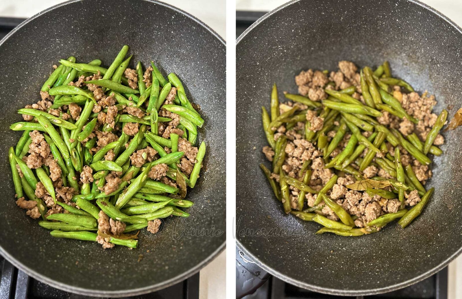 Cooking ground pork Filipino adobo with green beans