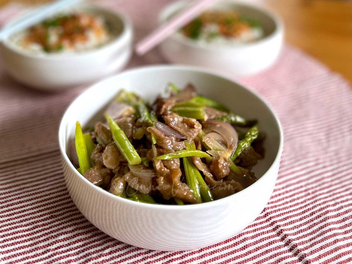 Miso ginger beef and asparagus stir fry