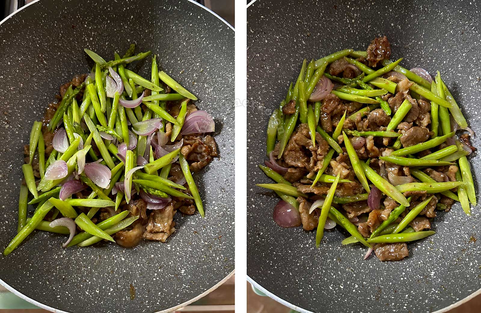 Stir frying beef and asparagus