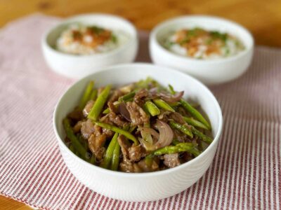 Miso ginger beef and asparagus stir fry