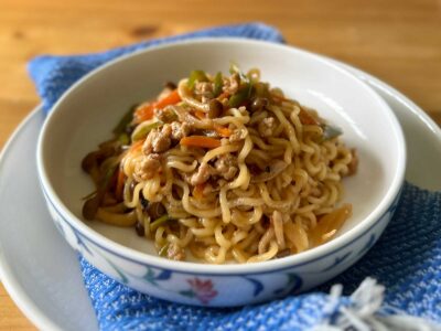 Miso ginger honey noodles with pork, mushrooms and vegetables
