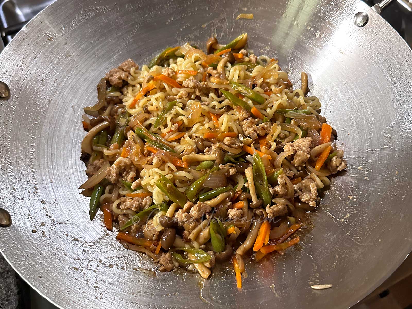 Miso ginger honey noodles with pork, mushrooms and vegetables