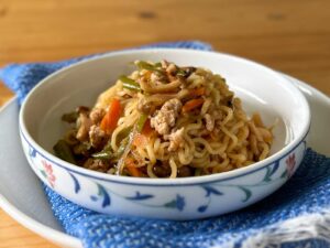 Miso ginger honey noodles with pork, mushrooms and vegetables