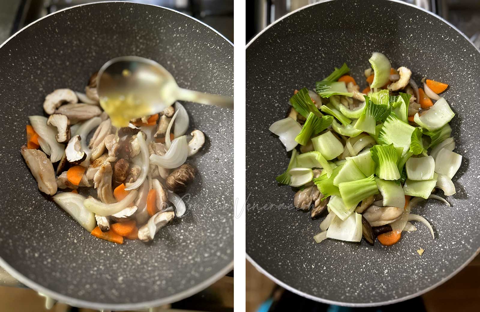Adding nuoc cham and bok choy tips to stir fried chicken and vegetables in wok