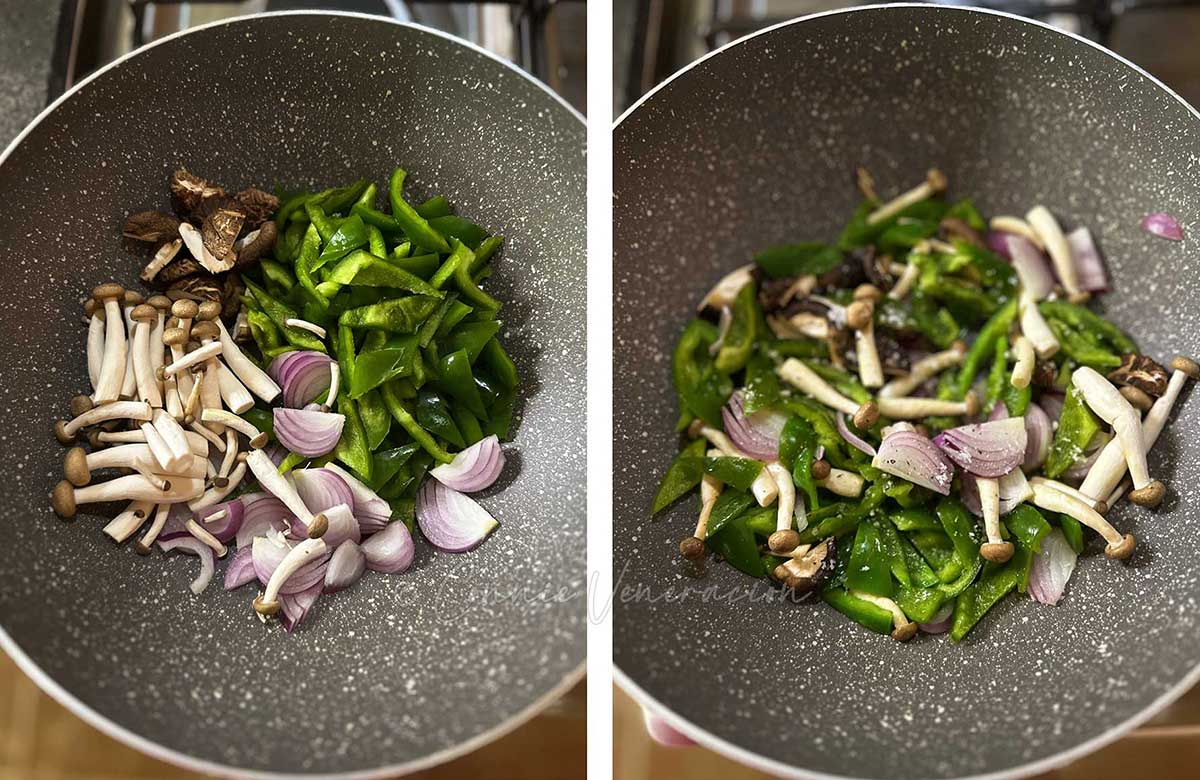 Stir frying peppers and mushrooms