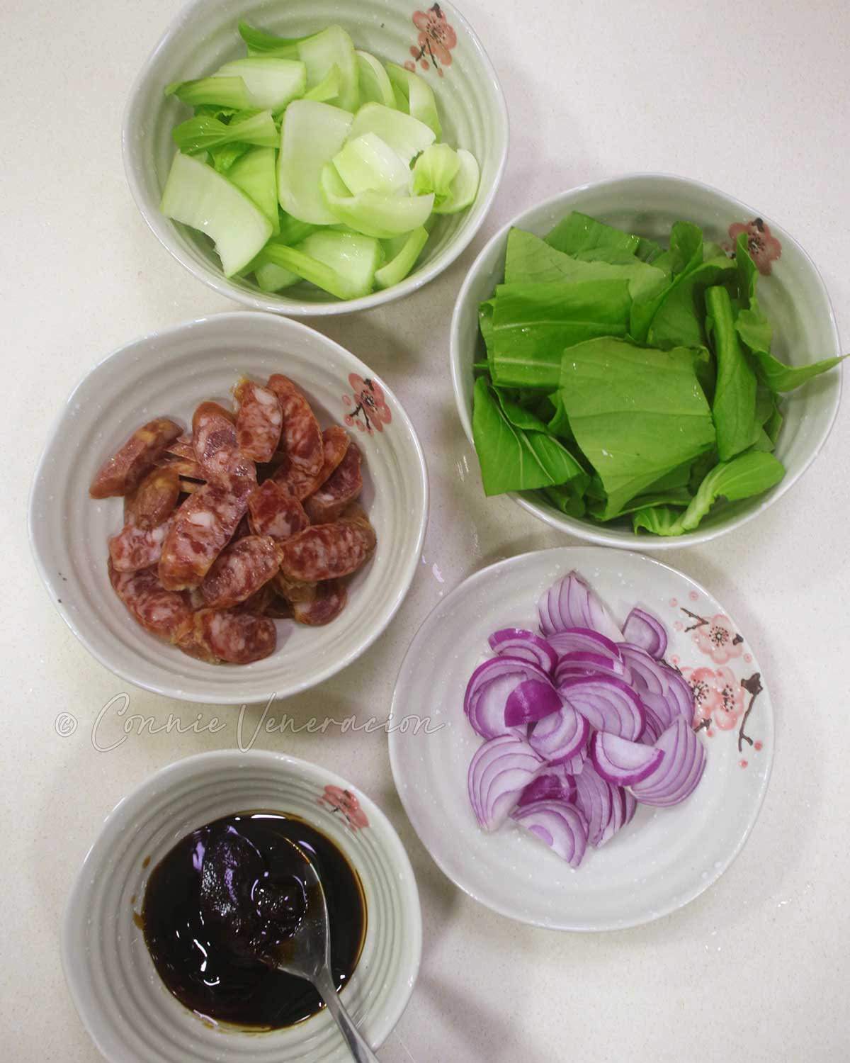 Ingredients for Stir fried noodles, Chinese sausage and bok choy