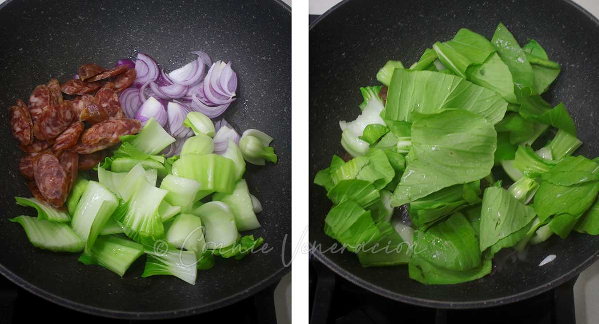 Stir frying Chinese sausage slices and bok choy