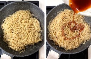Drizzling sauce over noodles in pan