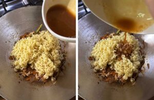 Pouring miso ginger honey sauce over noodles