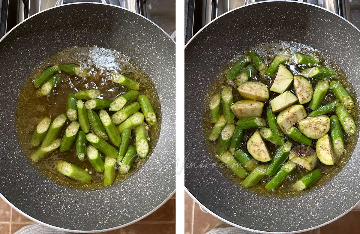 Boiling okra and eggplants