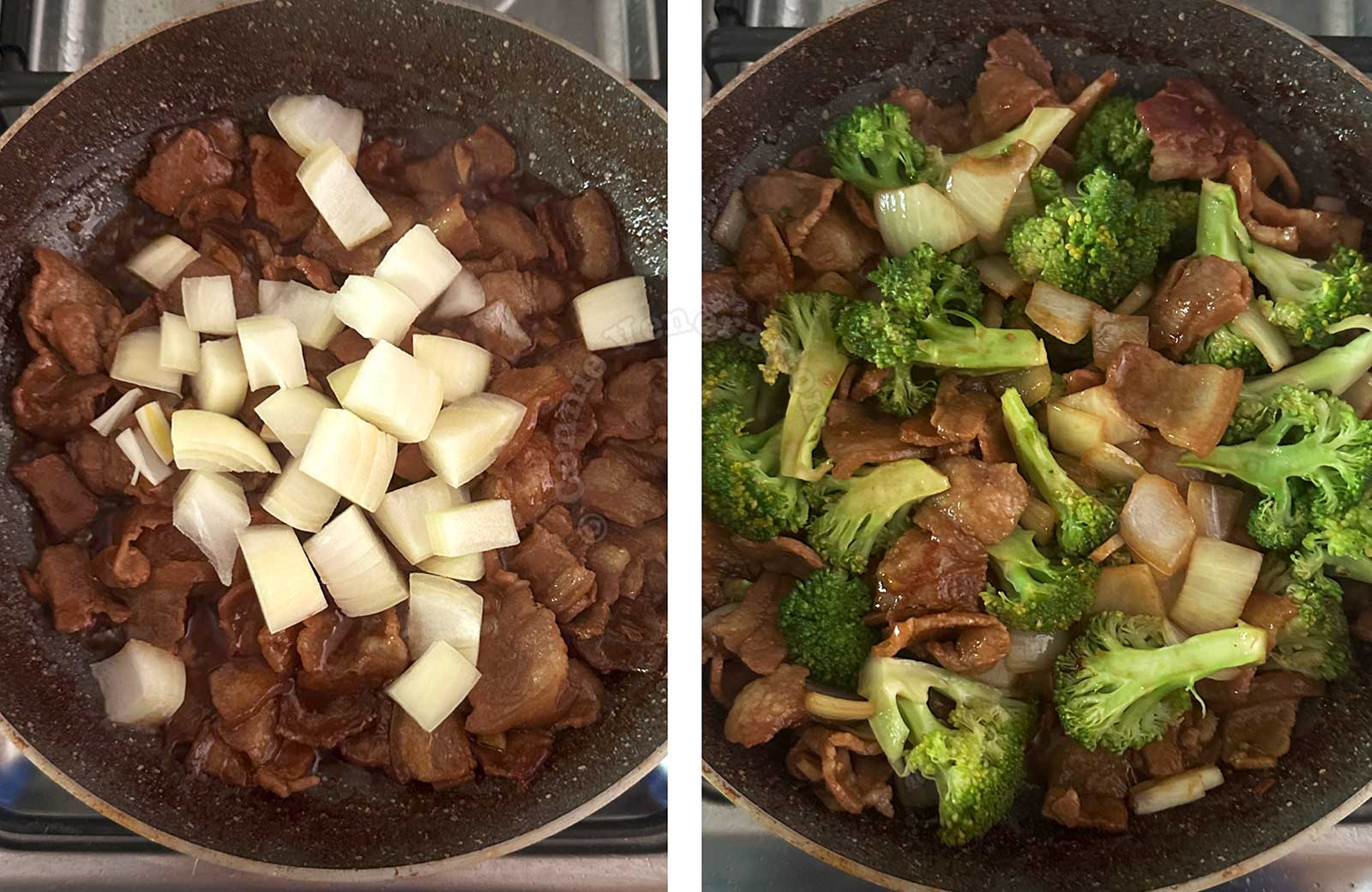 Onion over pork in pan / 10-minute pork and broccoli stir fry