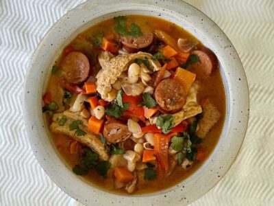 Slow cooker beef (ox) tripe, beans and sausage soup