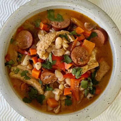 Slow cooker beef (ox) tripe, beans and sausage soup
