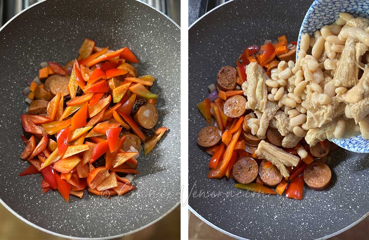 Adding bell pepper, and slow cooked tripe and beans to pan