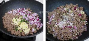 Adding aromatics to browned beef in pan