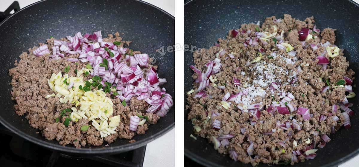 Adding aromatics to browned beef in pan