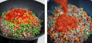 Adding tomatoes to beef and vegetables in pan