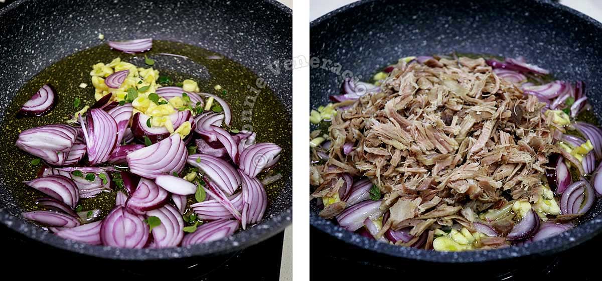 Cooking onion, garlic and pulled pork in pan