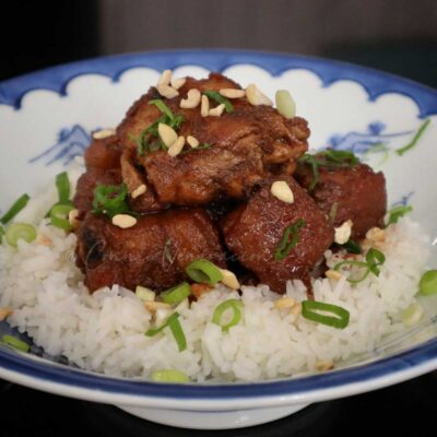 Pork and chicken adobo with sweet peanut butter sauce