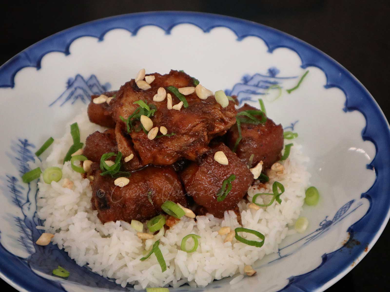 Pork and chicken adobo with sweet peanut butter sauce