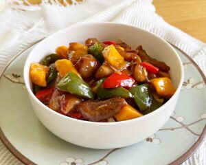Pork, pepper and mango stir fry