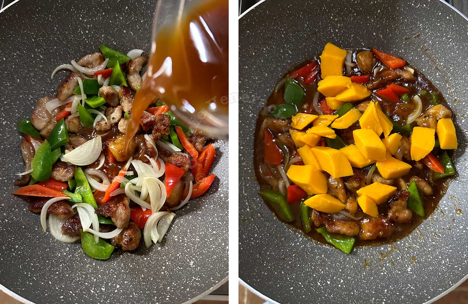 Pouring sauce over stir fried pork and vegetables