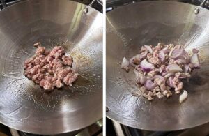 Browning pork and sauteeing with onion