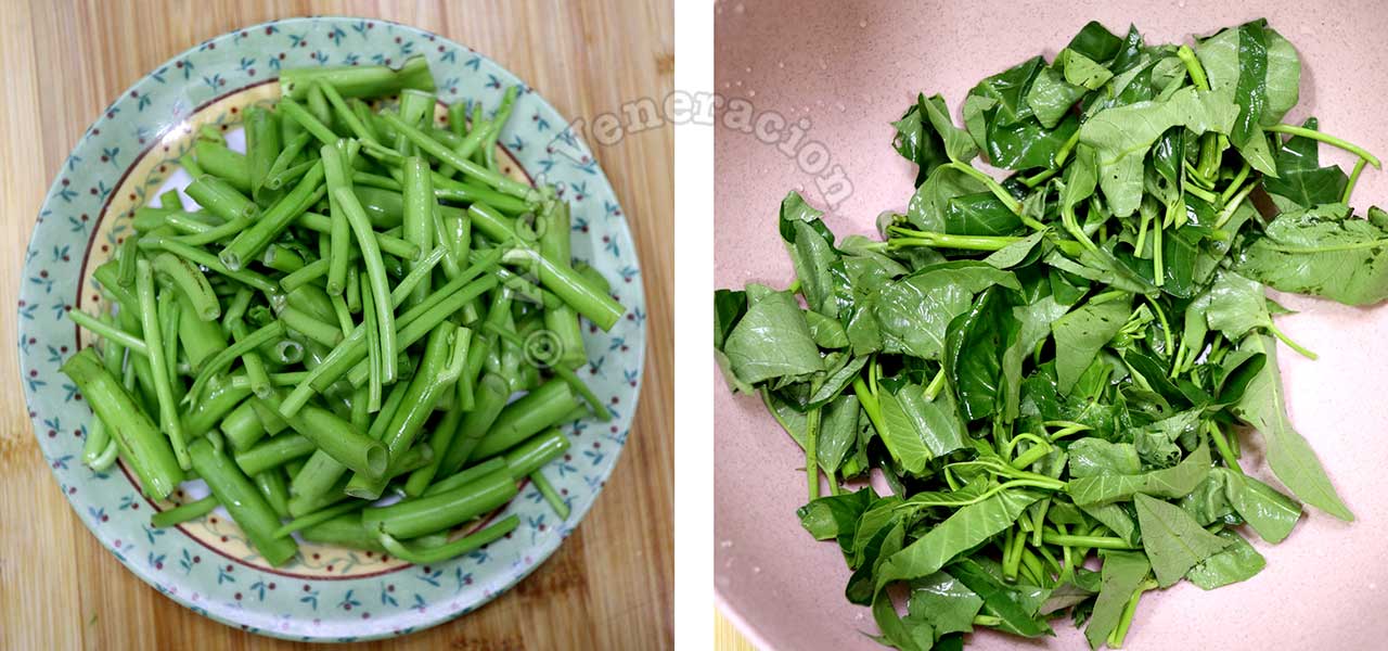 Kangkong (water / swamp spinach) stalks and leaves separated