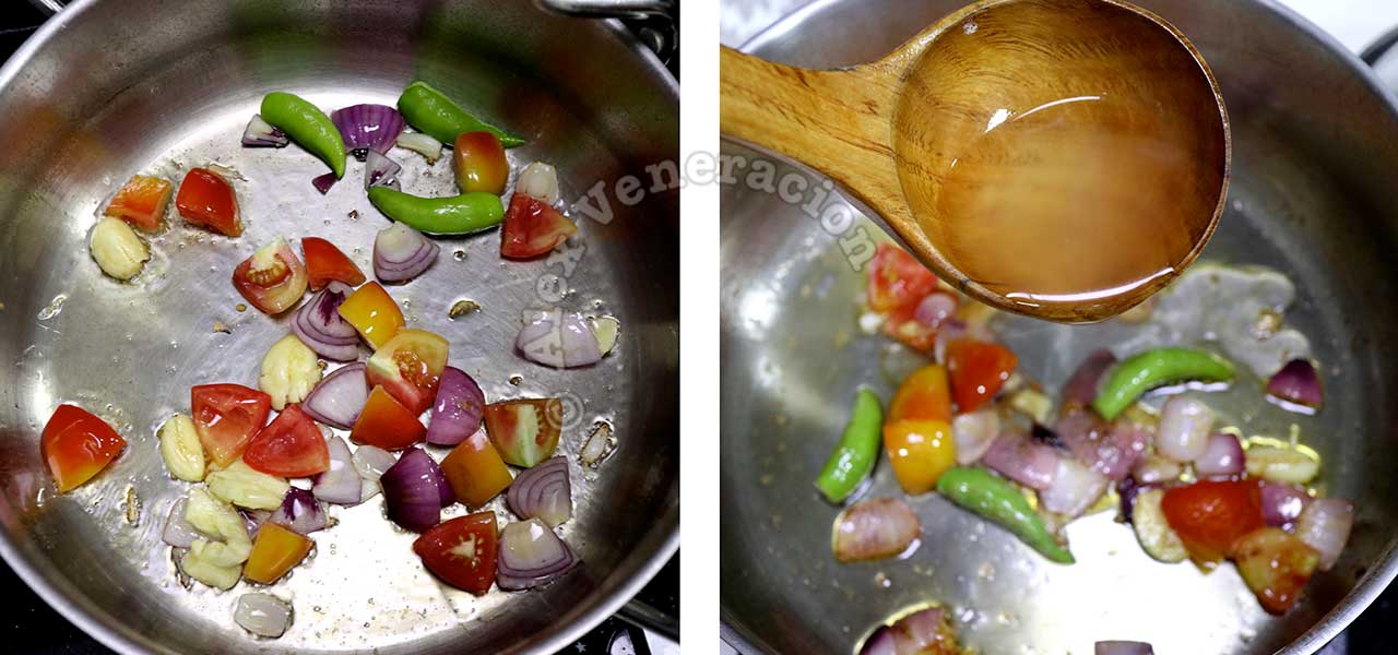 Sauteeing garlic, onion, tomatoes and finger chilies