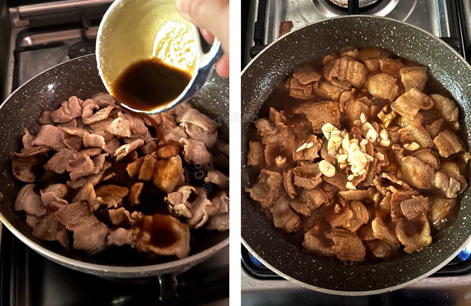 Sauce over pork in pan / garlic over pork in pan