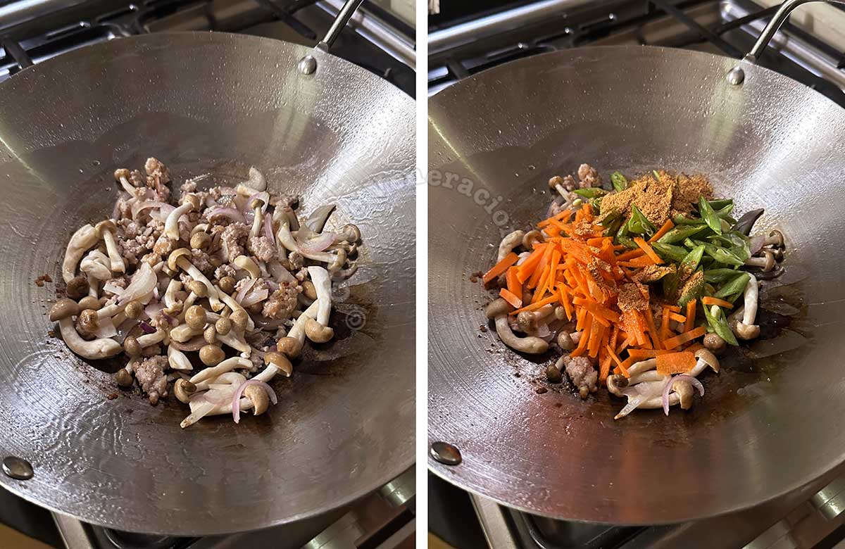 Adding mushrooms and vegetables to pork in wok