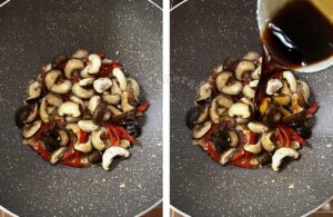 Pouring sauce over mushrooms
