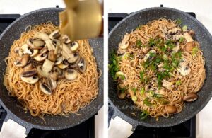 Drizzing sesame oil over Garlic butter noodles with honey and gochujang