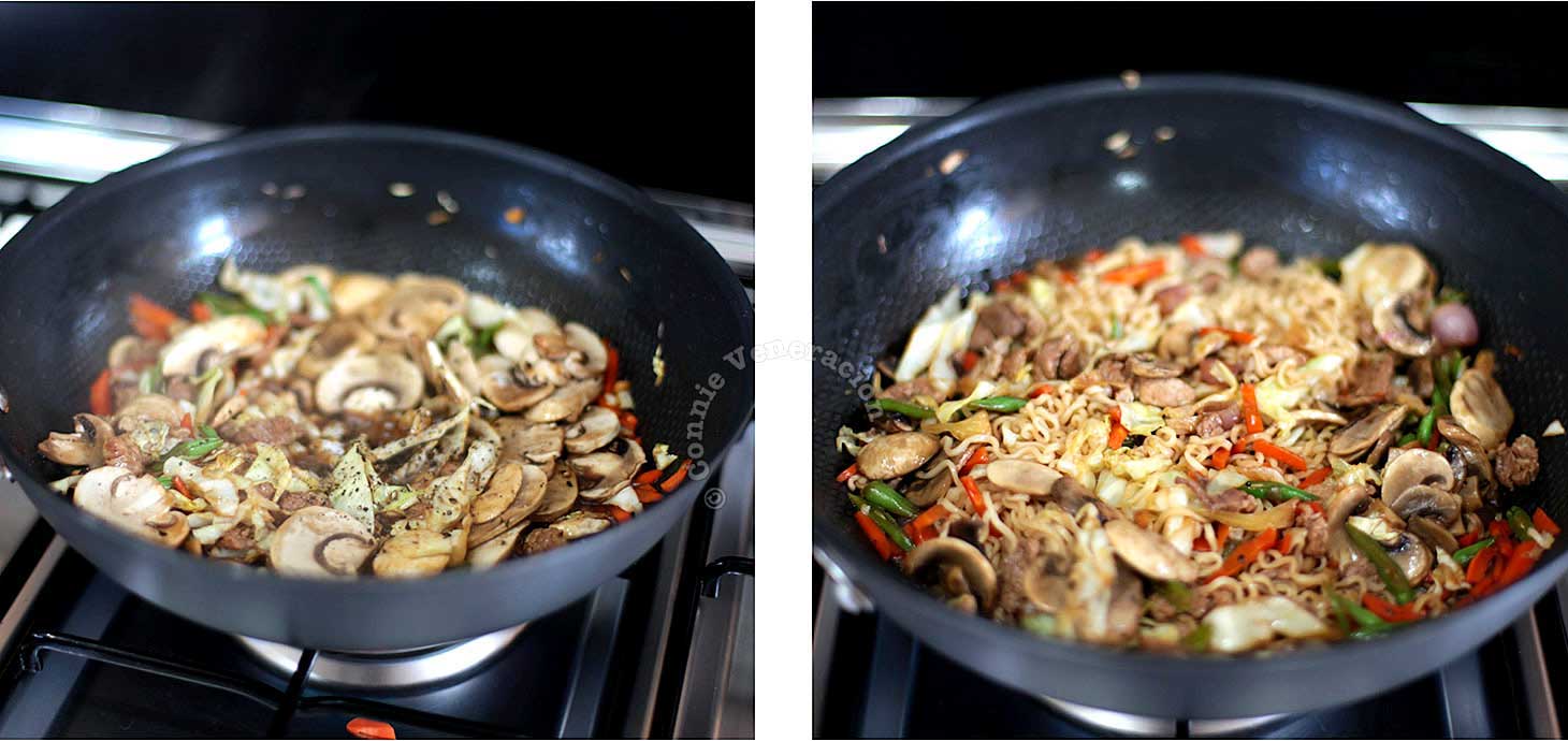 Stir frying meat, mushrooms, vegetables and noodles