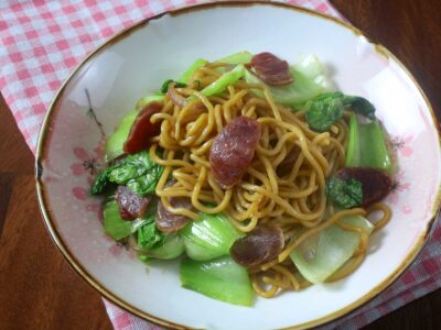 Stir fried noodles, Chinese sausage and bok choy