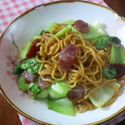 Stir fried noodles, Chinese sausage and bok choy