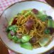 Stir fried noodles, Chinese sausage and bok choy