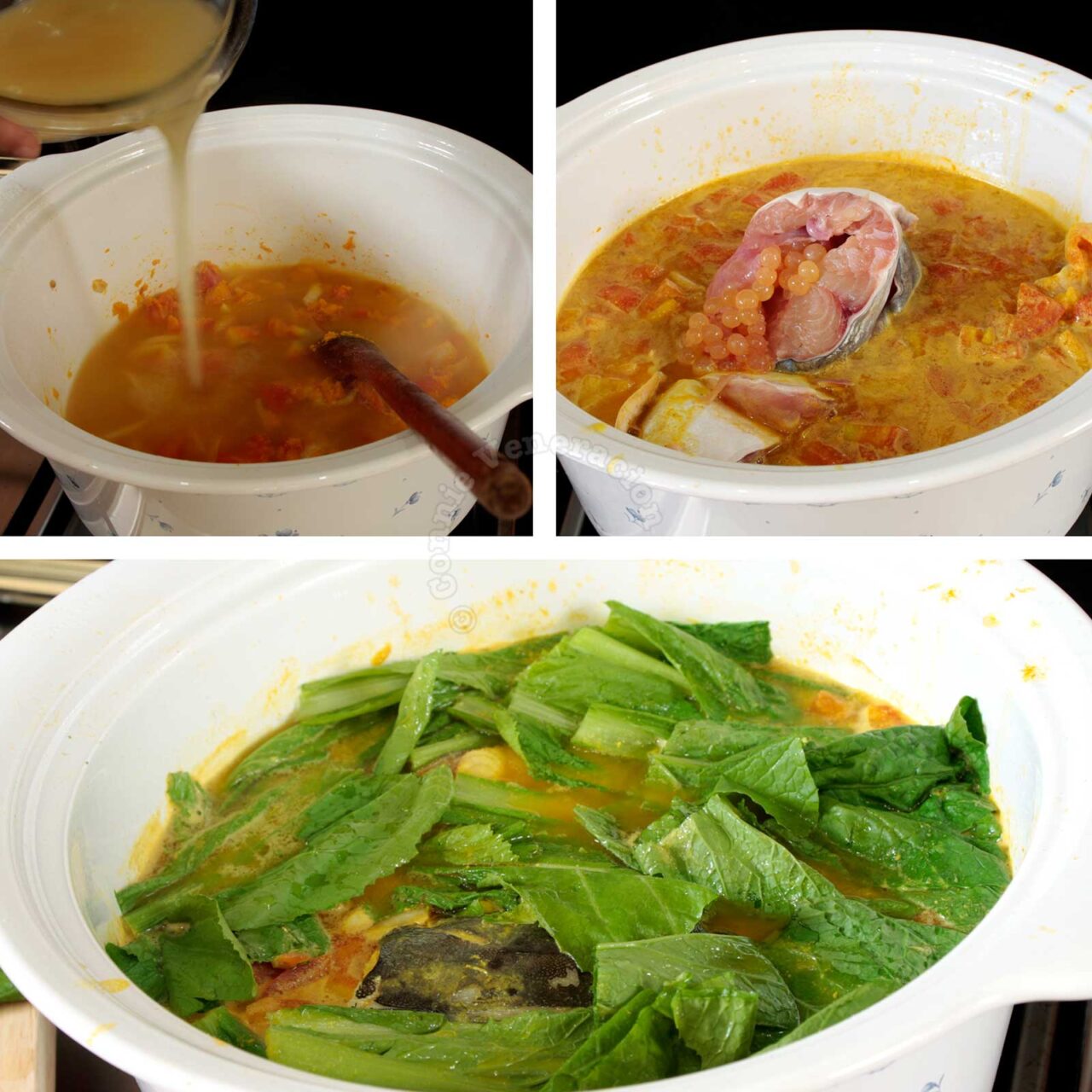 Adding tamarind juice to fish in pot