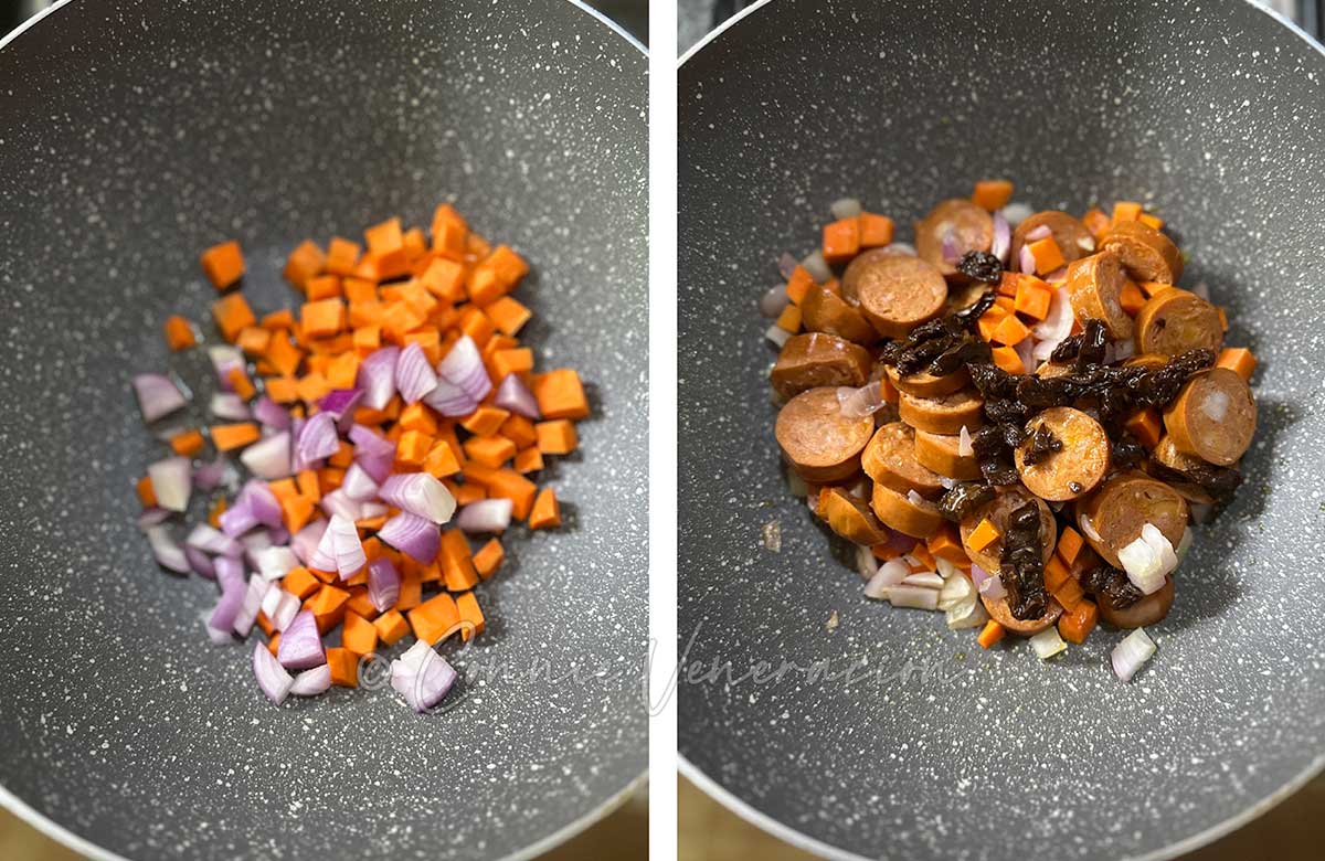 Sauteeing carrot, onion, sliced sausage and sundried tomatoes