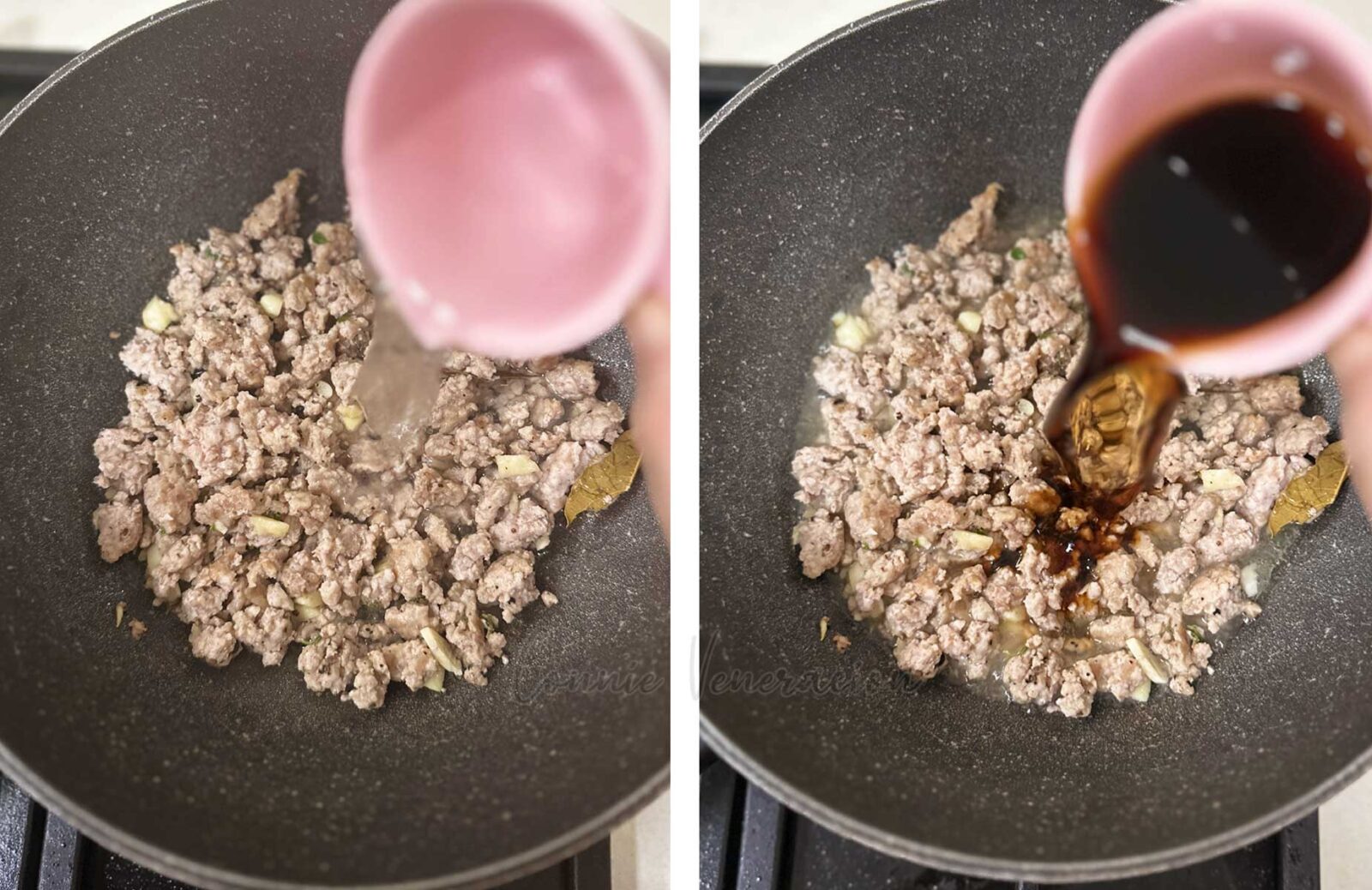 Pouring vinegar and soy sauce over browned ground pork in pan