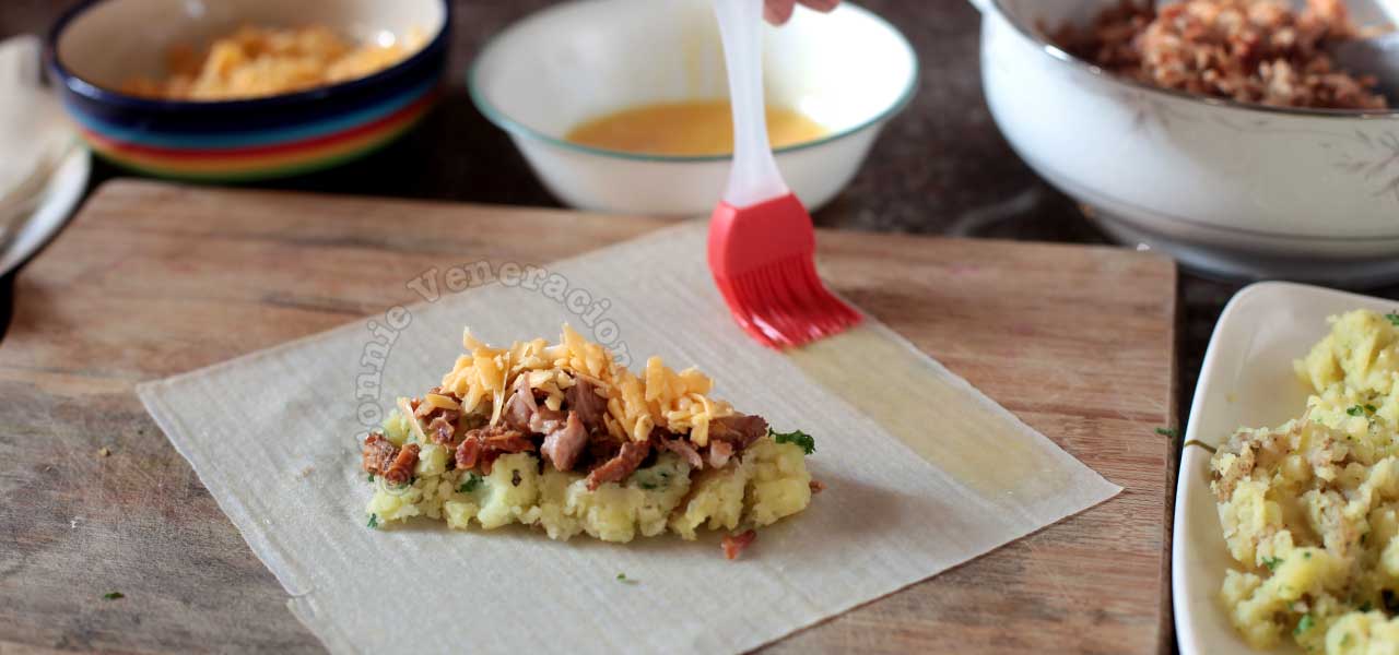 Prepping Beef brisket BBQ and mashed potato spring rolls
