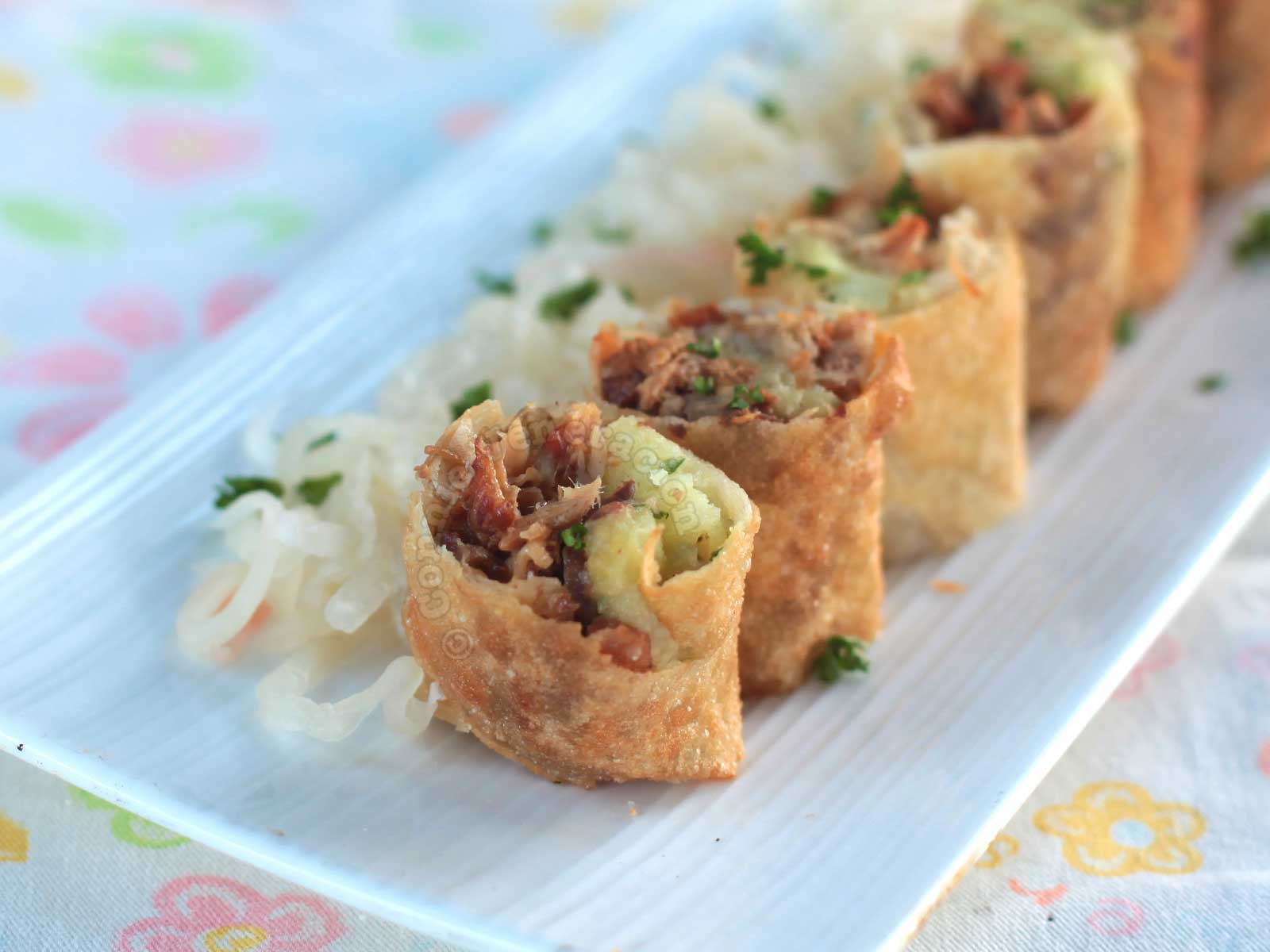 Beef brisket BBQ and mashed potato spring rolls
