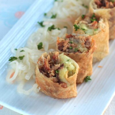 Beef brisket BBQ and mashed potato spring rolls