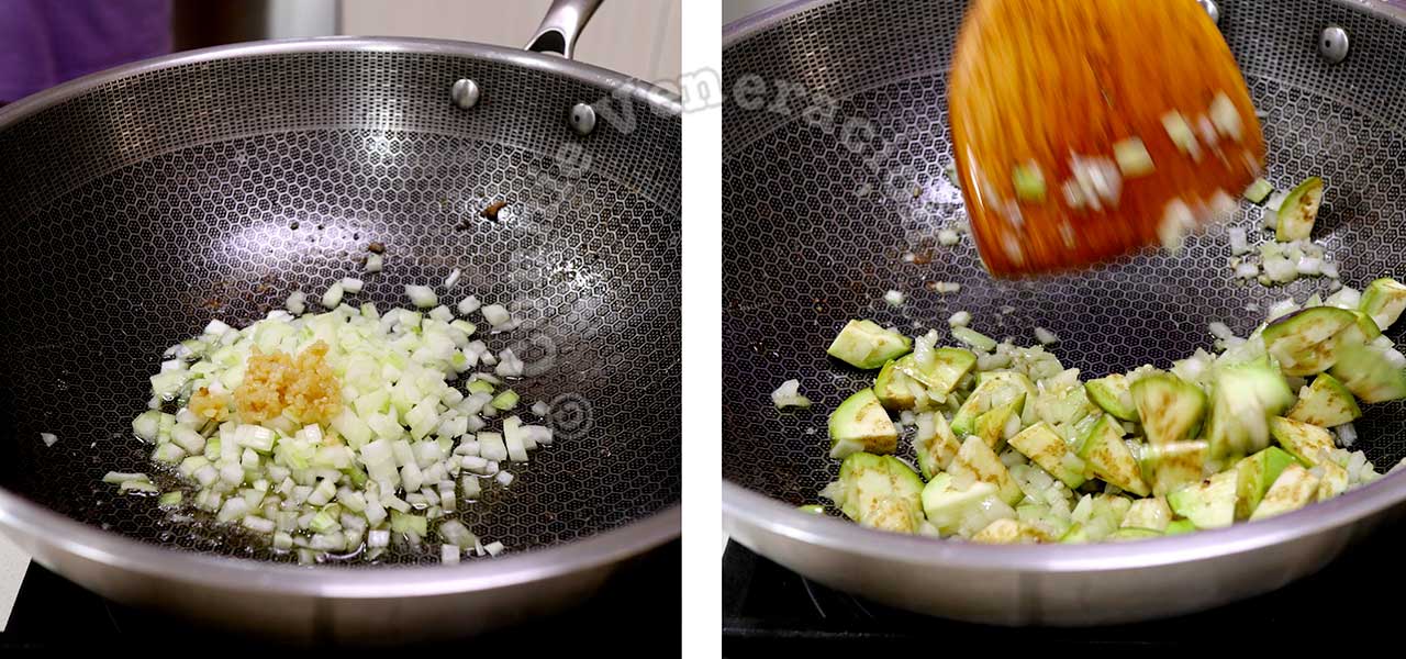 Cooking garlic and eggplant in butter