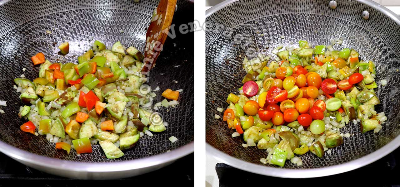 adding bell pepper and cherry tomatoes to garlic and eggplants in pan