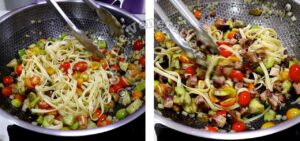 Tossing cooked pasta with vegetables and beef brisket bbq