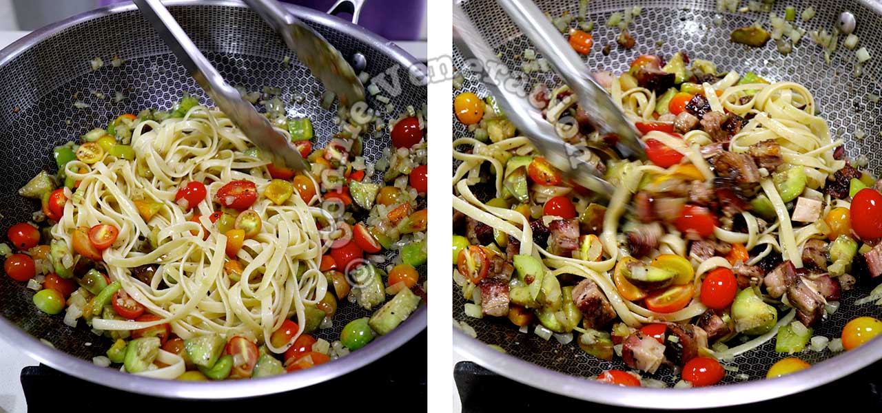 Tossing cooked pasta with vegetables and beef brisket bbq