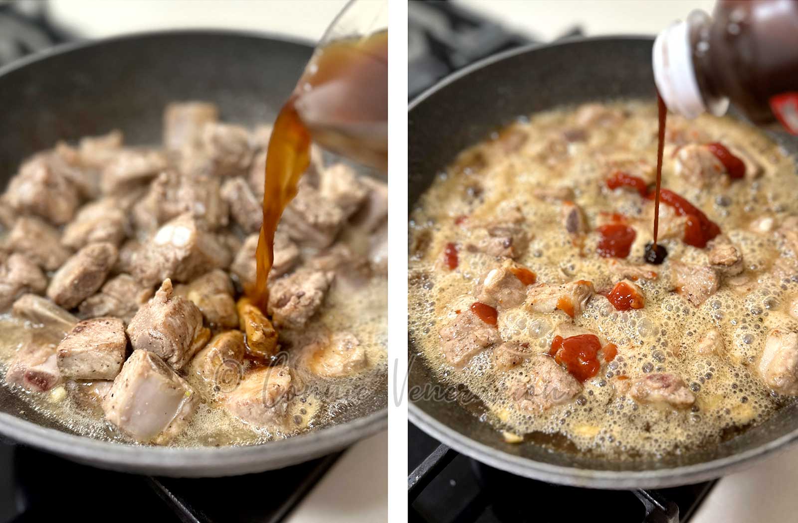 Pouring sauce over pork ribs in wok