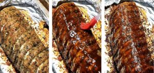 Brushing sauce on rack of pork spare ribs