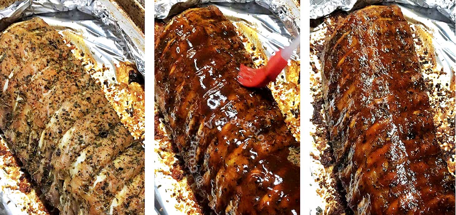 Brushing sauce on rack of pork spare ribs